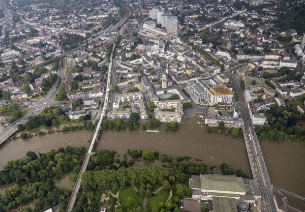 Aerial photo, Ruhr flood, flooding, Ruhrbania with flooding in the old town I, Mülheim an der Ruhr,