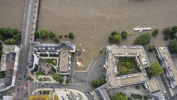Aerial photo, Ruhr flood, flooding, Ruhrbania with flooding in the old town I, Mülheim an der Ruhr,