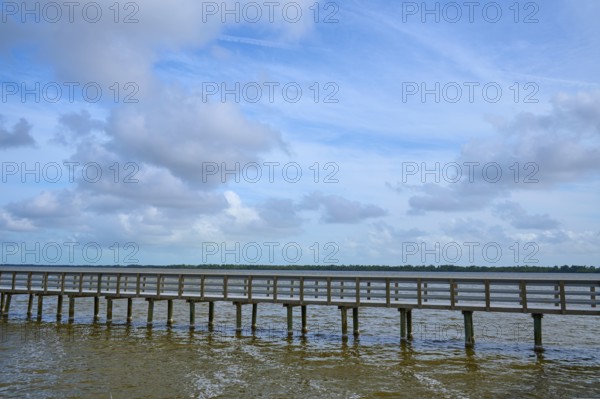 A long wooden footbridge leads over the water, the sky is cloudy, West Lake View Point, Everglades