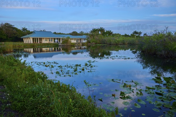 A house by a pond with water reflections and peaceful surroundings, Royal Palm Visitor Centre,