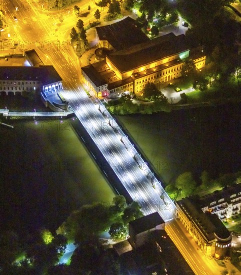 Aerial view, castle bridge over the river Ruhr, civic hall Mülheim, RWW Rheinisch-Westfälische