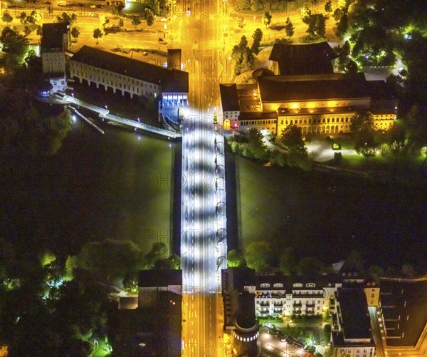Aerial view, castle bridge over the river Ruhr, civic hall Mülheim, RWW Rheinisch-Westfälische