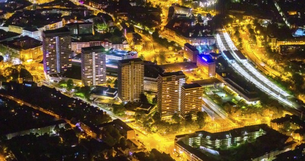 Aerial view, Mülheim an der Ruhr main station, Technical Town Hall and Forum City Mülheim shopping
