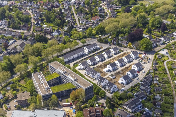 Aerial view, airport housing estate, construction site and new building housing estate