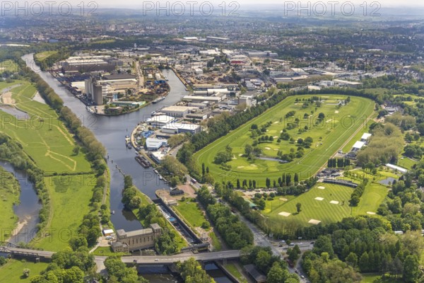 Aerial view, Raffelberg racecourse with golf course inside, Raffelberg lock, Raffelberg