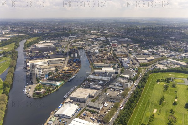 Aerial view, Rhine-Ruhr harbour Mülheim, shipping canal, Am Nordhafen, Rheinstraße, Speldorf,