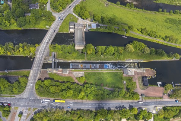 Aerial photo, Raffelberg lock, Raffelberg hydroelectric power station, Raffelberg bridge, lock