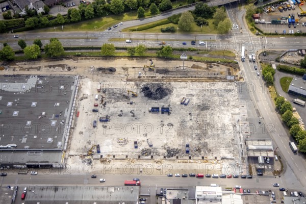 Aerial view, construction site harbour centre after real market fire, industrial area at Weseler