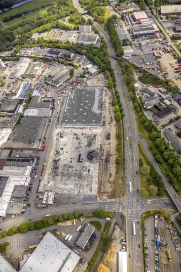 Aerial view, construction site harbour centre after real market fire, industrial area at Weseler