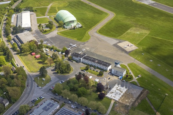 Aerial photo, Essen/Mülheim Airport, FFL Technical College for Aircraft Pilots, Corona Drive-In