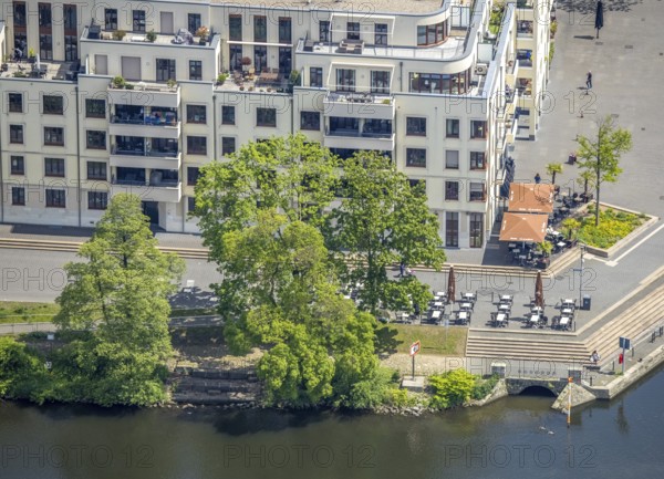 Aerial view, Ruhrpromenade Mülheim, outdoor catering, Altstadt I, Mülheim an der Ruhr, Ruhr area,