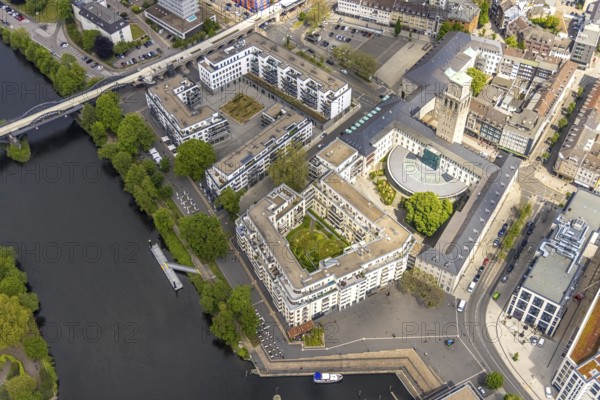 Aerial view, town hall and Ruhr promenade Mülheim, outdoor catering, Altstadt I, Mülheim an der