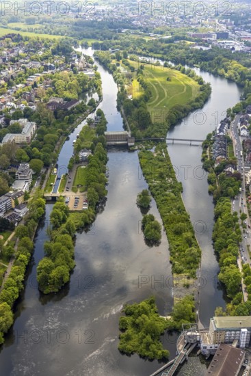 Aerial view, hydroelectric power station Kahlenberg of RWW Speldorf, Mülheim an der Ruhr, Ruhr