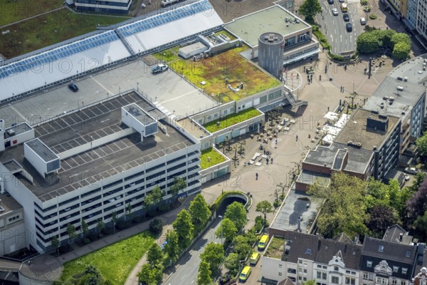 Aerial view, Forum City Mülheim Kurt-Schumacher-Platz, shopping street with outdoor catering,