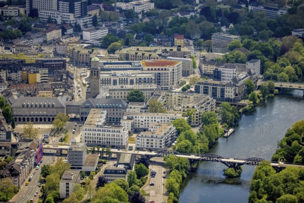 Aerial view, city hall, Ruhr promenade, city viaduct and Ruhr bridge on the river Ruhr, Altstadt I,