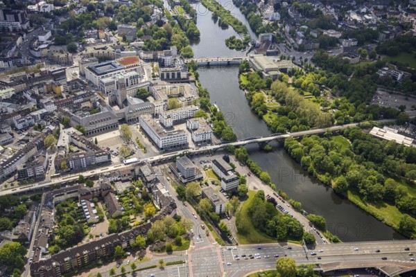 Aerial view, city hall, Ruhr promenade, city viaduct and Ruhr bridge on the river Ruhr, Altstadt I,