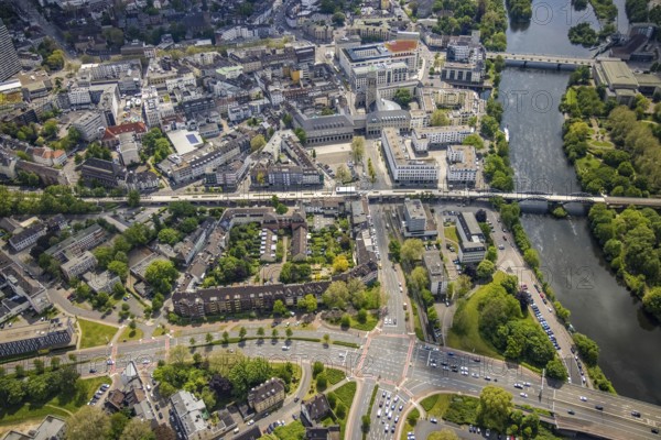 Aerial view, city hall, Ruhr promenade, city viaduct and Ruhr bridge on the river Ruhr, Altstadt I,
