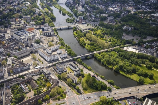 Aerial view, city hall, Ruhr promenade, city viaduct and Ruhr bridge on the river Ruhr, Altstadt I,