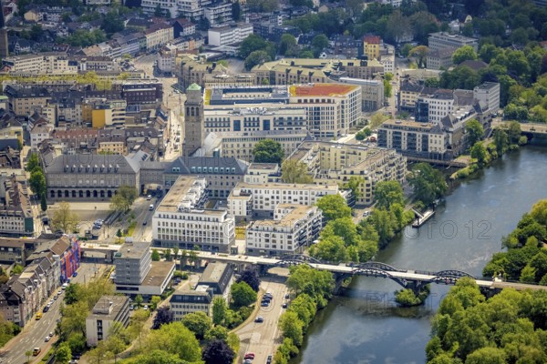 Aerial view, city hall, Ruhr promenade, city viaduct and Ruhr bridge on the river Ruhr, Altstadt I,