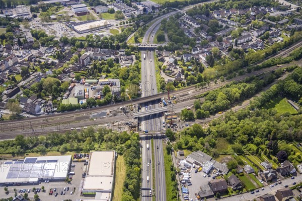 Aerial view, construction site after bridge fire motorway 40, renovation of railway bridges,