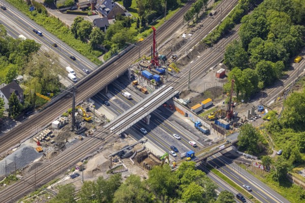 Aerial view, construction site after bridge fire motorway 40, renovation of railway bridges,