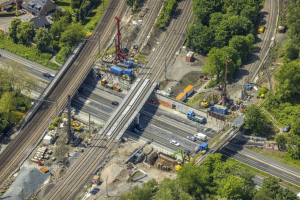 Aerial view, construction site after bridge fire motorway 40, renovation of railway bridges,