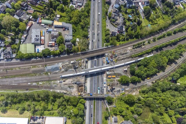 Aerial view, construction site after bridge fire motorway 40, renovation of railway bridges,