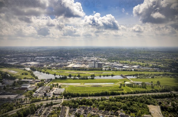 Aerial view, Styrumer Ruhraue and RuhrWasserwerk at the river Ruhr, local view Speldorf, Mülheim an
