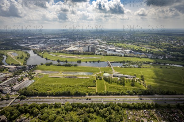 Aerial view, Styrumer Ruhraue and RuhrWasserwerk at the river Ruhr, local view Speldorf, Mülheim an