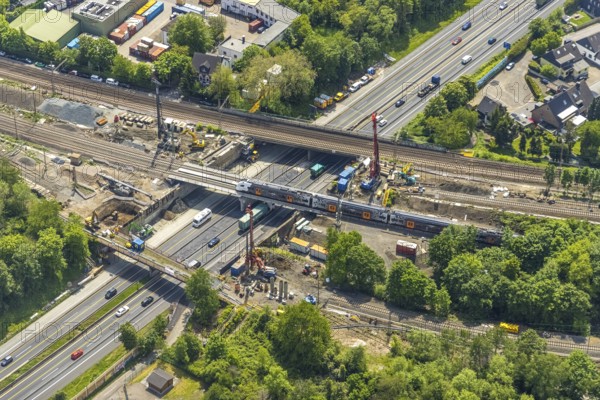 Aerial view, construction site after bridge fire motorway 40, renovation of railway bridges,