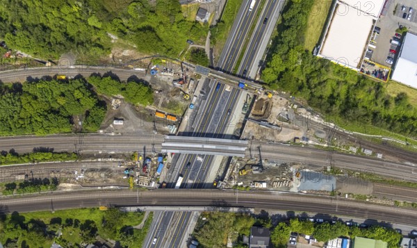 Aerial view, construction site after bridge fire motorway 40, renovation of railway bridges,