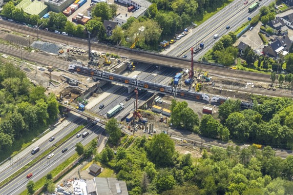 Aerial view, construction site after bridge fire motorway 40, renovation of railway bridges,