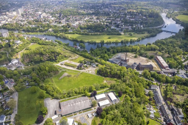 Aerial view, leather and tanning museum on the Ruhr river, Rauen quarry, De Wet indoor tennis