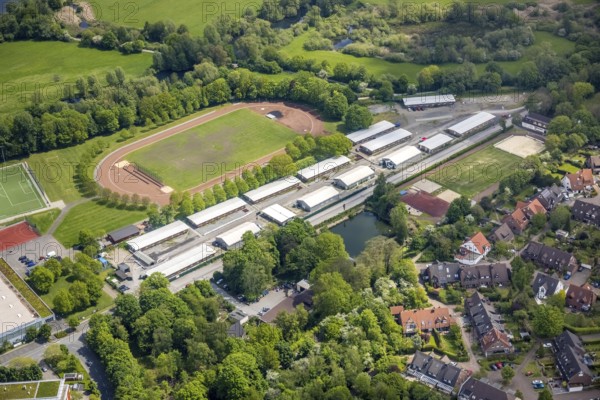 Aerial photo, refugee village Saarn Mintarder Straße and sports field, Saarn, Mülheim an der Ruhr,