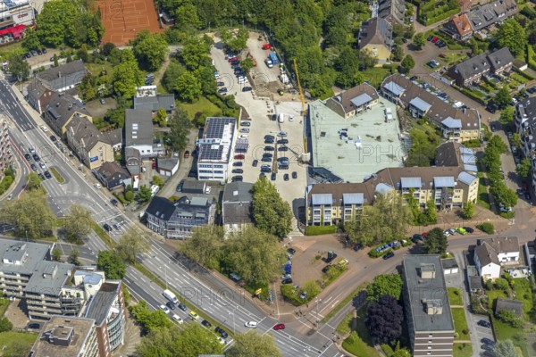 Aerial view, Saarn-Center construction site and new building Edeka supermarket, Düsseldorfer