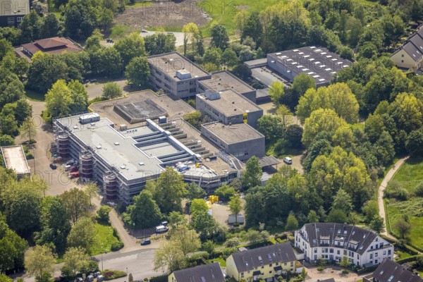Aerial view, construction site and renovation of Berufskolleg Lehnerstraße, sports hall,