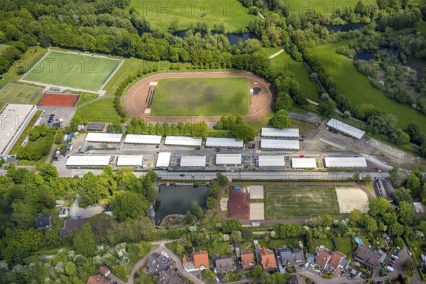 Aerial photo, refugee village Saarn Mintarder Straße and sports field, Saarn, Mülheim an der Ruhr,