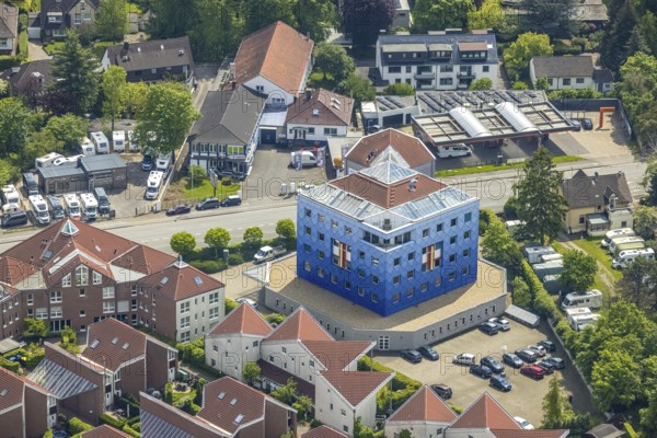 Aerial view, blue building dental clinic, Kölner Straße 80, Saarn, Mülheim an der Ruhr, Ruhr area,
