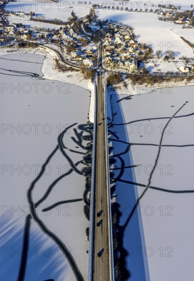 Aerial view, Delecker Brücke, shapes and colours, Delecke, Möhnesee, Sauerland, North