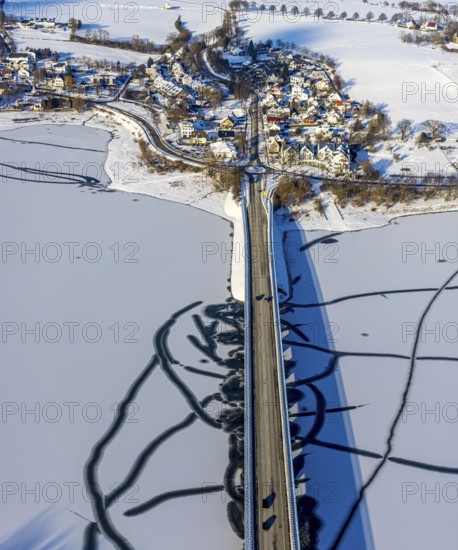 Aerial view, Delecker Brücke, shapes and colours, Delecke, Möhnesee, Sauerland, North