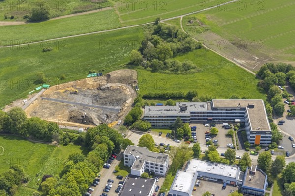 Aerial view, construction site and construction of a filter plant at Aubergweg, industrial area