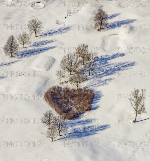 Aerial view, heart-shaped bushes in a winter landscape in the golf course of Raffelberg racecourse,