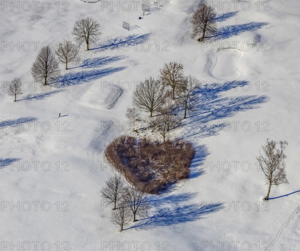 Aerial view, heart-shaped bushes in a winter landscape in the golf course of Raffelberg racecourse,