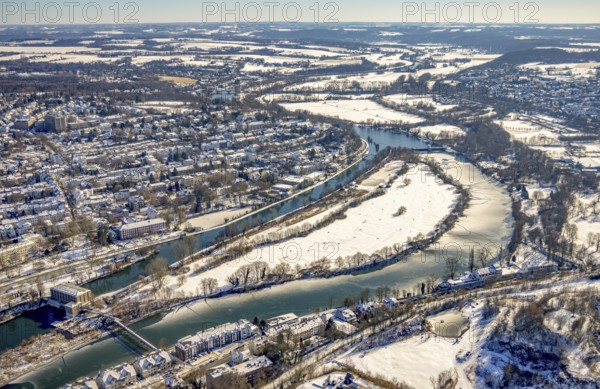 Aerial view, Ruhr river and Ruhr island with lock canal, Kahlenberg hydroelectric power station,