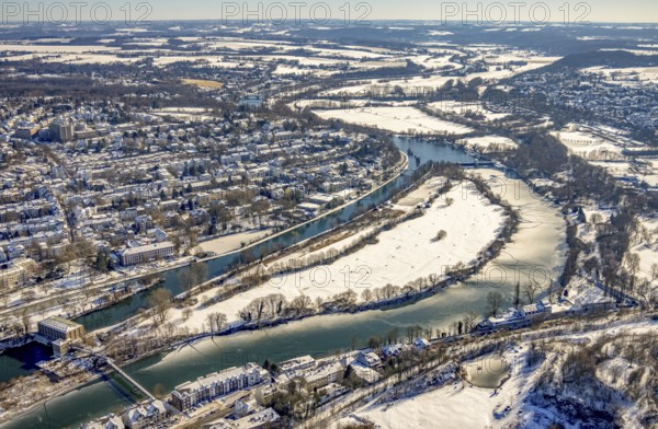 Aerial view, Ruhr river and Ruhr island with lock canal, Kahlenberg hydroelectric power station,