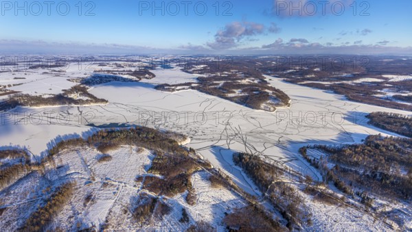 Aerial view, forest area Südlicher Randweg and Möhnesee, Brüningsen, Möhnesee, Sauerland, North