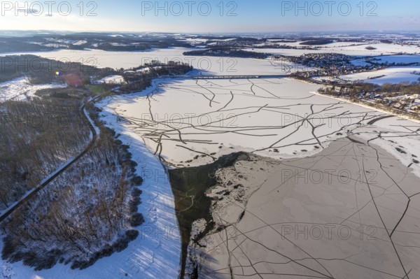 Aerial view, Möhnesee and Delecker Bridge, Delecke, Möhnesee, Sauerland, North Rhine-Westphalia,