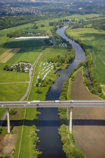 Aerial view, river Ruhr, Mintarder Ruhrtalbrücke, Leinpfad, Campingplatz Staader Loch, Saarn,