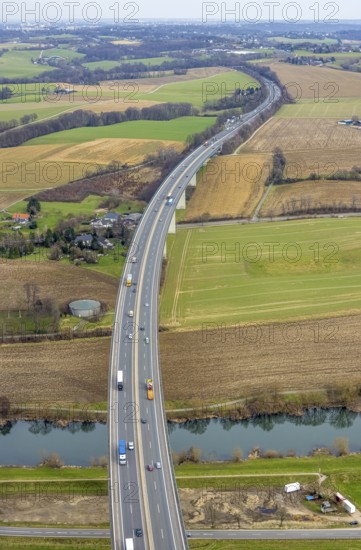 Aerial view, Mintarder Ruhrtalbrücke, motorway A52, river Ruhr, construction site under the bridge,