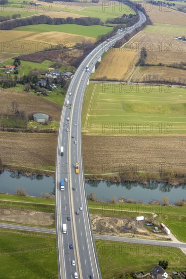 Aerial view, Mintarder Ruhrtalbrücke, motorway A52, river Ruhr, construction site under the bridge,